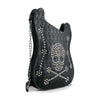The Embossed Guitar Design Skull And Crossbones Shoulder Bag is a black, guitar-shaped bag with a chain strap, silver studded skull and crossbones on the front, and an embossed surface featuring small skull patterns for added Gothic style.