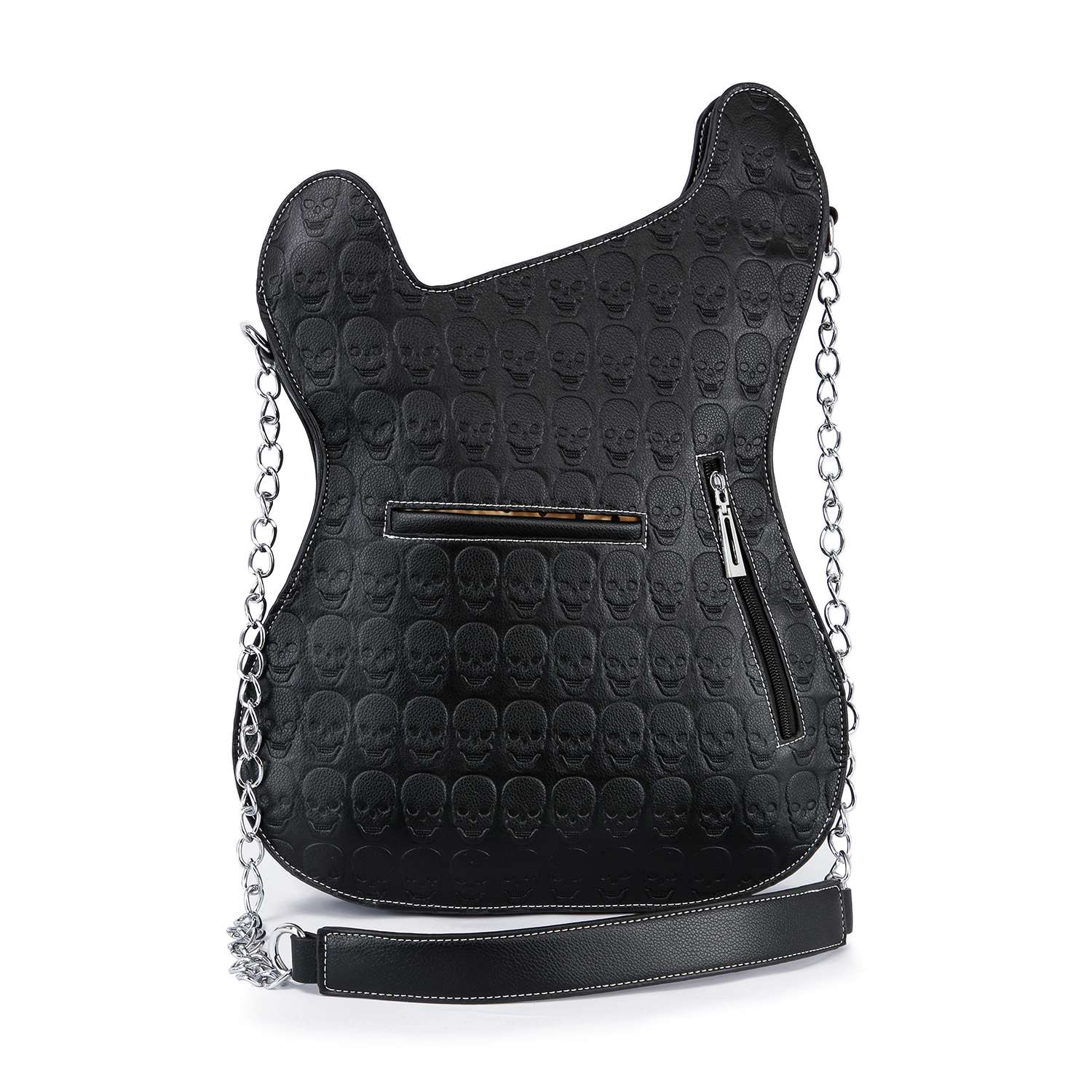 The Embossed Guitar Design Skull And Crossbones Shoulder Bag features a black, guitar-shaped design with skull patterns, silver chain straps, white stitching, and two front zip pockets—perfect for an edgy touch.