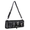 The Luxe Ring Accented Small Shoulder Bag is a black faux leather design with multiple front pockets, silver-tone buckles and zippers, plus a wide adjustable strap with metal loops—perfect for adding a punk edge to your style.