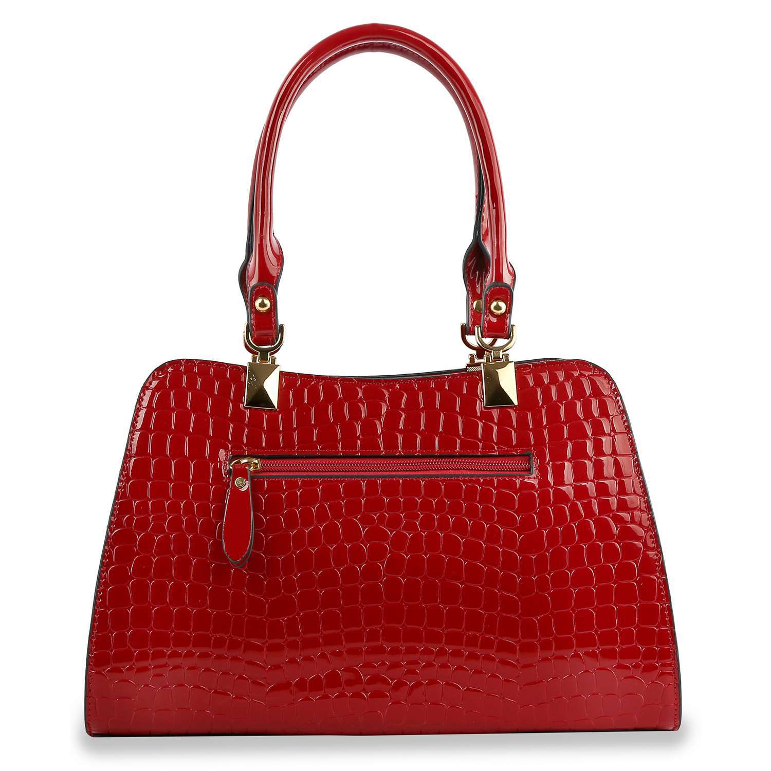 The Brilliant Bow Sparkling Hand Tote is a chic faux leather bag in shiny red embossed croc, featuring gold hardware, double handles, and a front zippered pocket for added practicality.