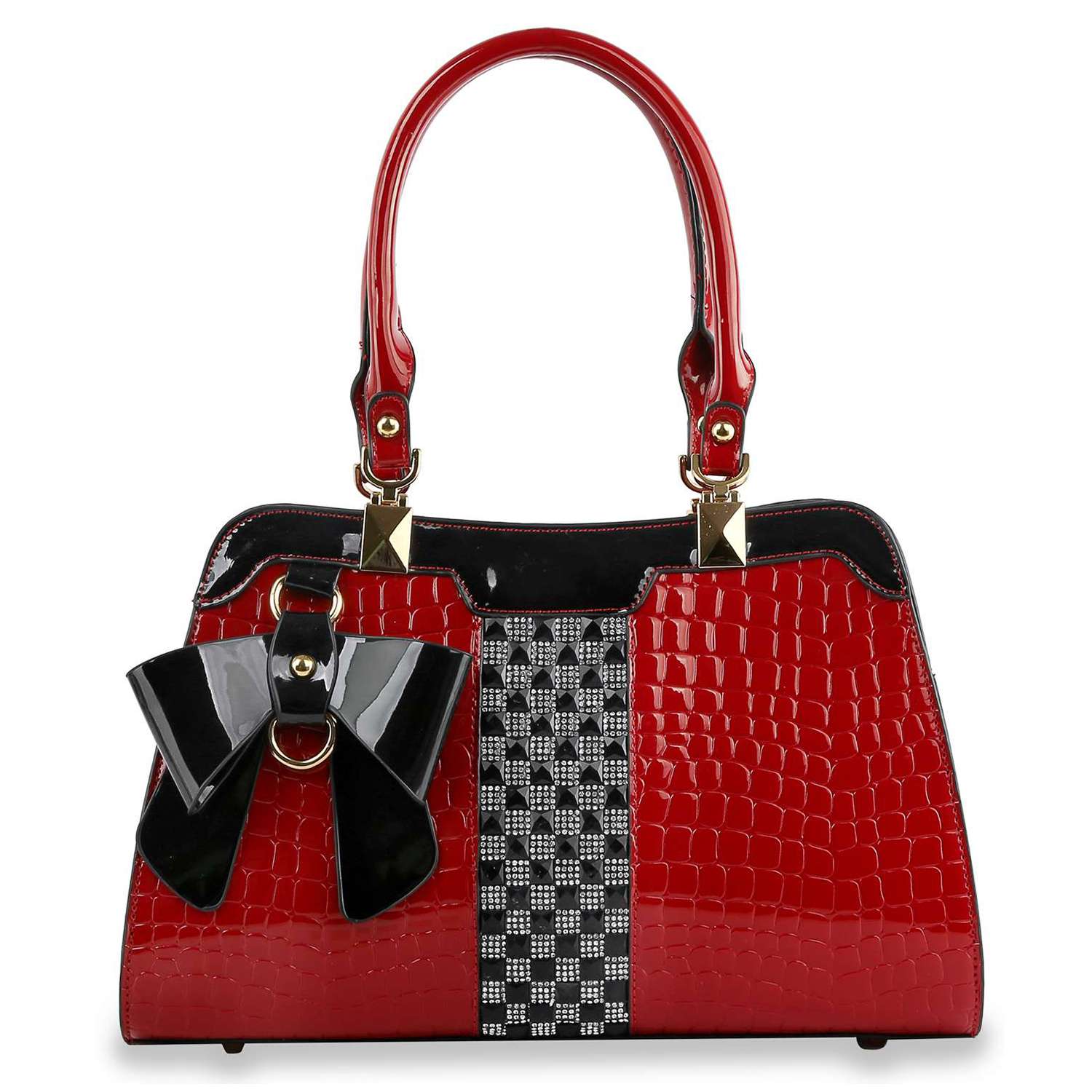The Brilliant Bow Sparkling Hand Tote is a glossy red faux leather handbag with a black and white checkered stripe, black trim, a bold black and silver bow on the left, two red handles, and eye-catching gold hardware.