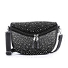 The Glamorous Rhinestone Design Shoulder Bag in black faux leather features silver studs, a curved zipper with twin tassel pulls, an adjustable strap, and tablet compatibility for everyday use.