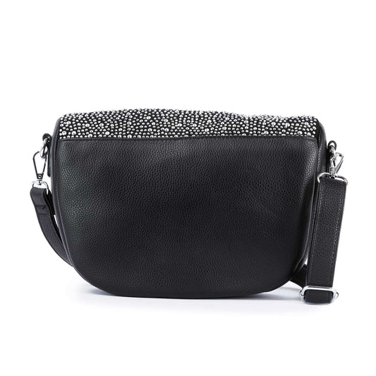 The Glamorous Rhinestone Design Shoulder Bag is a black faux leather shoulder bag with a wide adjustable strap, a textured finish, shiny silver rhinestone accents on top, and tablet compatibility for added convenience.