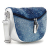 The Glamorous Rhinestone Design Shoulder Bag is a tablet-compatible blue denim bag with silver metallic faux leather sides and strap, sparkling rhinestones, and a black zipper with silver pulls.