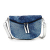 The Glamorous Rhinestone Design Shoulder Bag is a blue denim crossbody with silver studs, silver zippers, a detachable white strap, and tablet compatibility, shown against a white background.