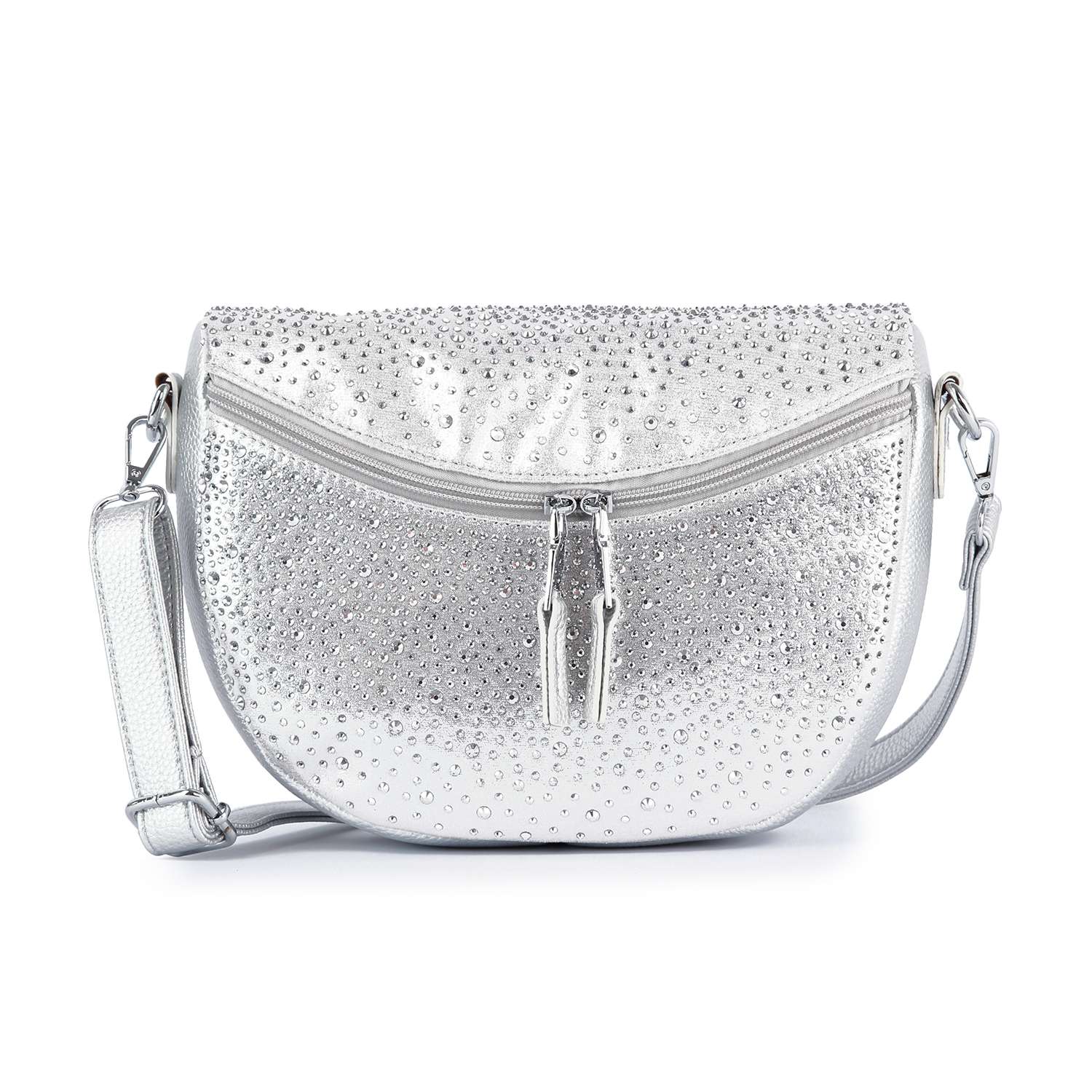 The Glamorous Rhinestone Design Shoulder Bag is a silver faux leather crossbody with a shiny, textured surface, small rhinestones, front zipper pocket, and detachable strap—perfect for adding stylish versatility to any outfit.
