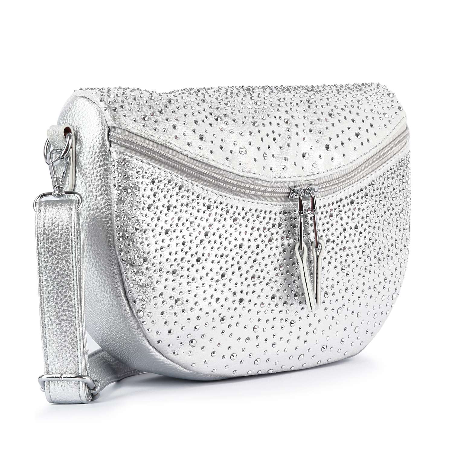 The Glamorous Rhinestone Design Shoulder Bag is a silver crossbody with sparkling rhinestones, a zippered front pocket, and an adjustable strap—stylish and practical in chic faux leather.