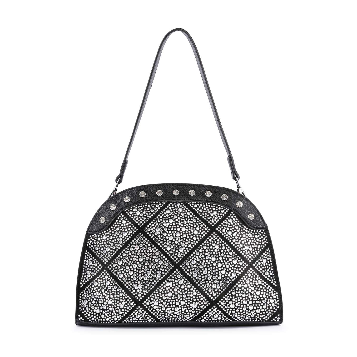 The Super Sparkling Shoulder Bag is a black faux leather shoulder bag with a geometric diamond pattern, silver circular studs along the top, and intricate white dot designs within the black shapes.