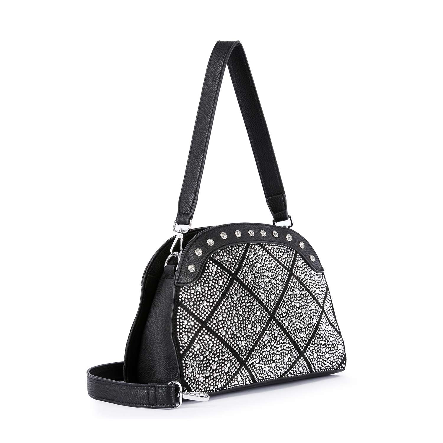 The Super Sparkling Shoulder Bag features black faux leather, a geometric pattern of silver studs, decorative studded trim, and a detachable shoulder strap, displayed at an angle on a white background.
