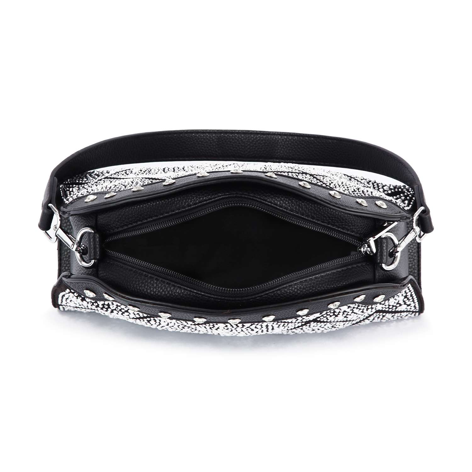 Top-down view of the Super Sparkling Shoulder Bag in black faux leather with snake print trim, showcasing its roomy interior, zippered center pocket, silver side hardware, and tablet compatibility for chic practicality.