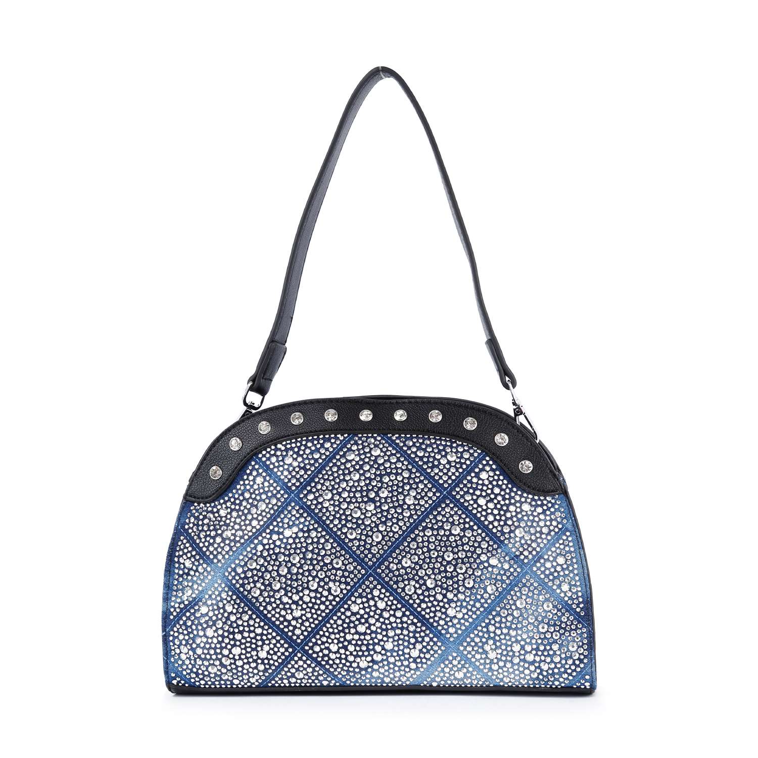 The Super Sparkling Shoulder Bag features a blue and black diamond pattern, silver and round studs, and a chic shoulder strap—perfect for adding glamour to any look.