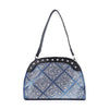 The Super Sparkling Shoulder Bag features a blue and black diamond pattern, silver and round studs, and a chic shoulder strap—perfect for adding glamour to any look.