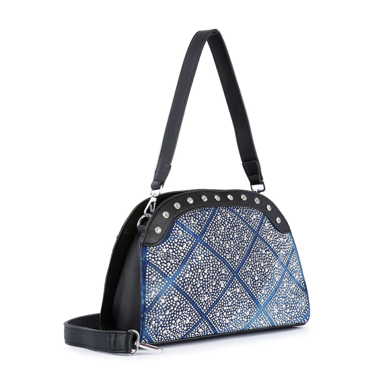 The Super Sparkling Shoulder Bag features blue and white textured geometric faux leather, black top and sides, silver studs along the top edge, and a black adjustable shoulder strap.