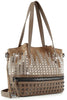 The Stud and Stone Tote Handbag features taupe faux leather, double handles, silver studs, rhinestone accents, a front zipper pocket, and an adjustable shoulder strap. Vertical sparkling details add standout edge and glamour.