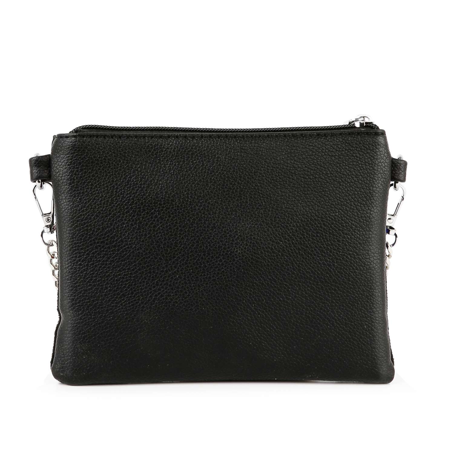 The Rhinestone Flag Crossbody Sling features a black faux leather design with a zippered top and detachable metal chain straps, pictured against a white background.