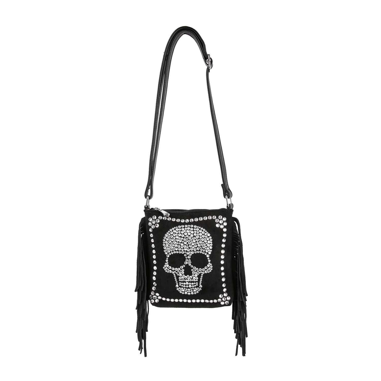 The Skull Accented Fringe Shoulder Bag is crafted from faux leather, features a black design with silver stud skull detailing on the front, and includes a long adjustable strap.