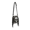 The Skull Accented Fringe Shoulder Bag is a black faux leather handbag with a long strap, silver studded skull design on the front, and fringe details hanging from the sides.