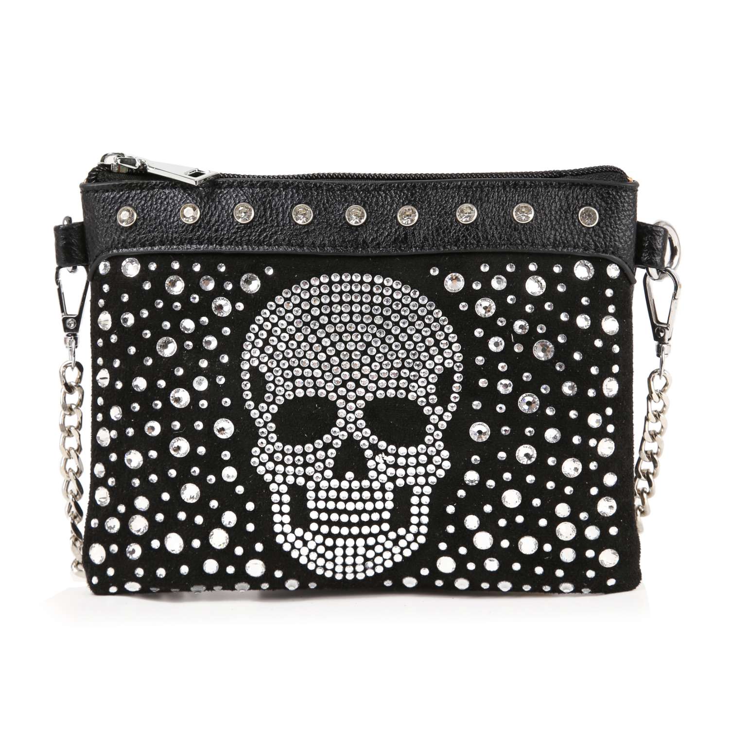 The Petite Rhinestone Skull Shoulder Bag is a black faux leather clutch with silver studs, a central rhinestone skull, extra stud detailing, and a metal chain strap for crossbody wear.
