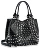 The Super Studded Fashion Handbag is a black faux leather bag with a crocodile-like texture, silver studs, scalloped details, double handles, and a detachable shoulder strap. It is tablet compatible with a shiny, edgy look.