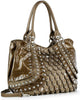 The Super Studded Fashion Handbag is a shiny brown crocodile-pattern purse featuring silver studs, wavy layered details, double handles, and a removable shoulder strap.