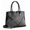The Studded Rhinestone Pattern Hand Tote is a black faux leather bag with two handles, a detachable shoulder strap, and front geometric rows of silver studs for standout style.