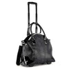 The Wheeled Carry On Fashion Luggage is a black, crocodile-patterned faux leather bag with wheels, dual handles, detachable shoulder strap, telescopic handle, and laptop compatibility—ideal for stylish business trips.