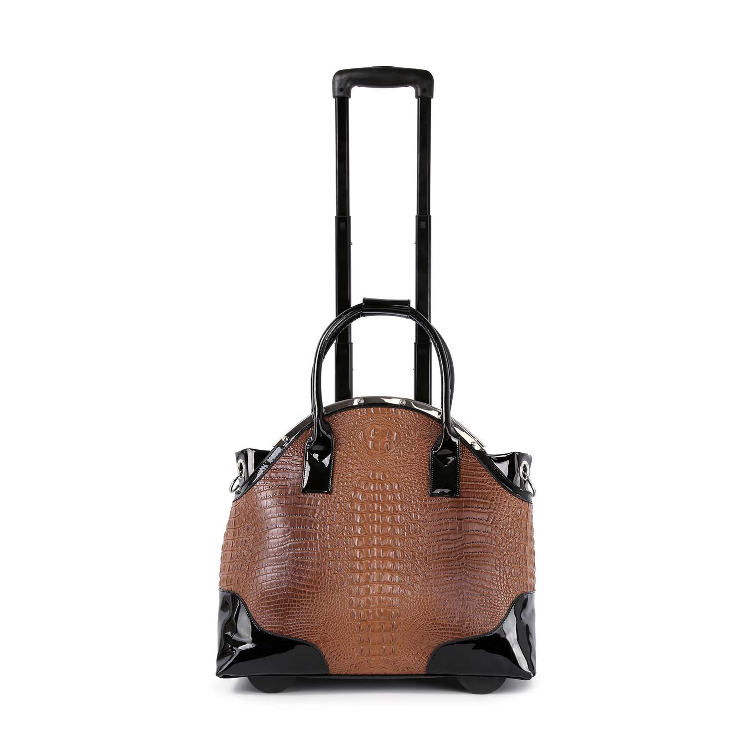 The Wheeled Carry On Fashion Luggage features brown faux crocodile-textured leather with black glossy handles, an extendable telescopic handle, upright wheeled design, and laptop compatibility. Shown against a white background.