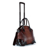 The Wheeled Carry On Fashion Luggage features a brown and black crocodile pattern in faux leather, two handles, a shoulder strap, a telescopic handle, and stands upright on two wheels for easy travel.