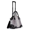 The Wheeled Carry On Fashion Luggage is a stylish gray and black faux leather bag with crocodile pattern, telescopic handle, dual top handles, black corner accents, wheels, and a detachable shoulder strap.
