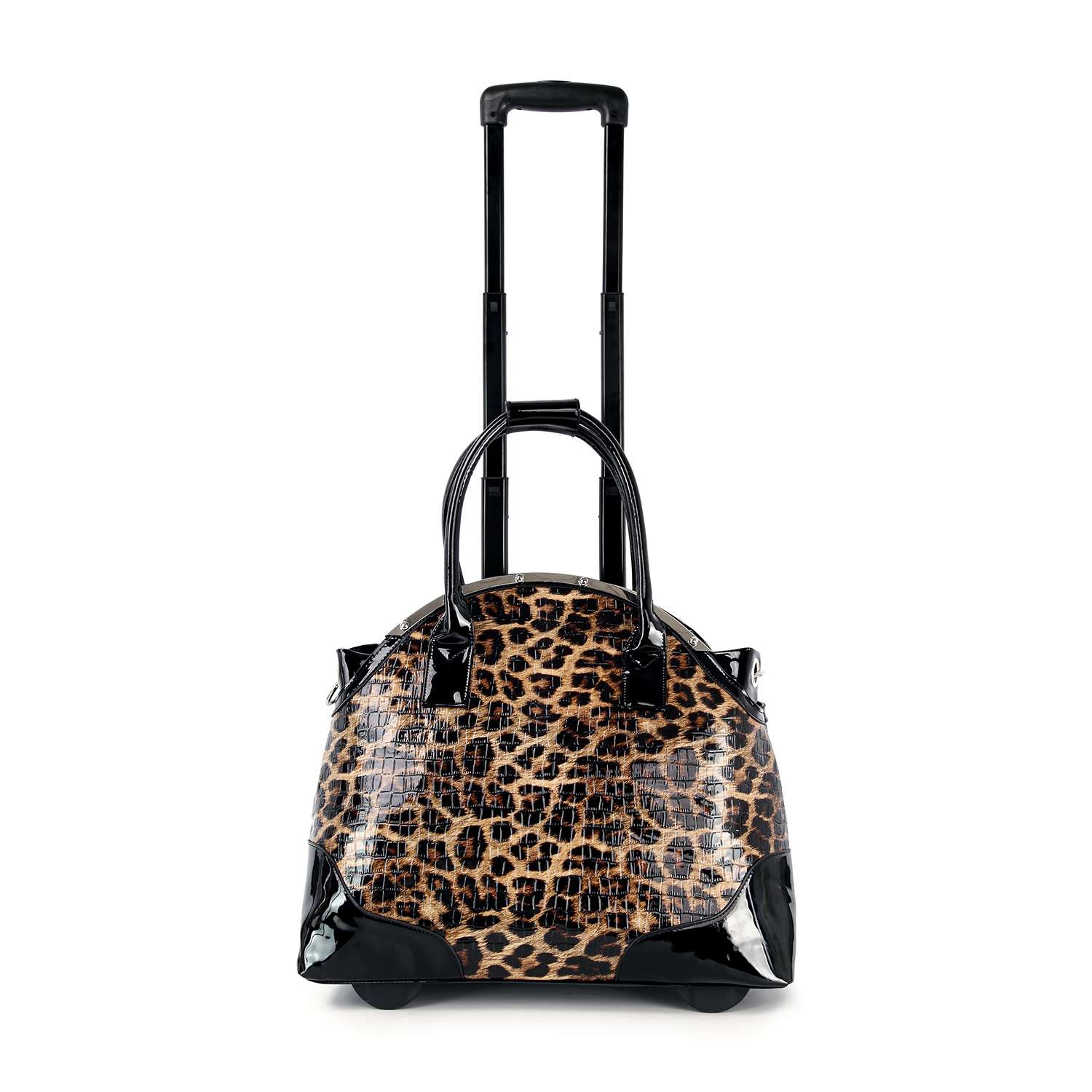 The Wheeled Carry On Fashion Luggage features a leopard print design, black faux leather handles, black trim, and an extended telescoping handle, shown standing upright against a white background.