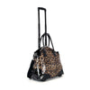The Wheeled Carry On Fashion Luggage features a leopard print, black handles, a detachable shoulder strap, an extended black telescoping handle, and reinforced shiny black faux leather corners.