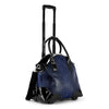 The Wheeled Carry On Fashion Luggage is a blue and black textured rolling bag with two handles, an adjustable shoulder strap, telescoping handle, laptop compartments, and upright design on two wheels.