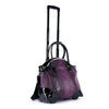 The Wheeled Carry On Fashion Luggage features a purple faux leather crocodile pattern, black handles, wheels, and a telescopic handle for easy transport.