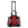 The Wheeled Carry On Fashion Luggage is a red, textured faux leather bag with black handles, corner accents, an extended telescopic handle, and two wheels—ideal for laptop-compatible storage and easy transport.