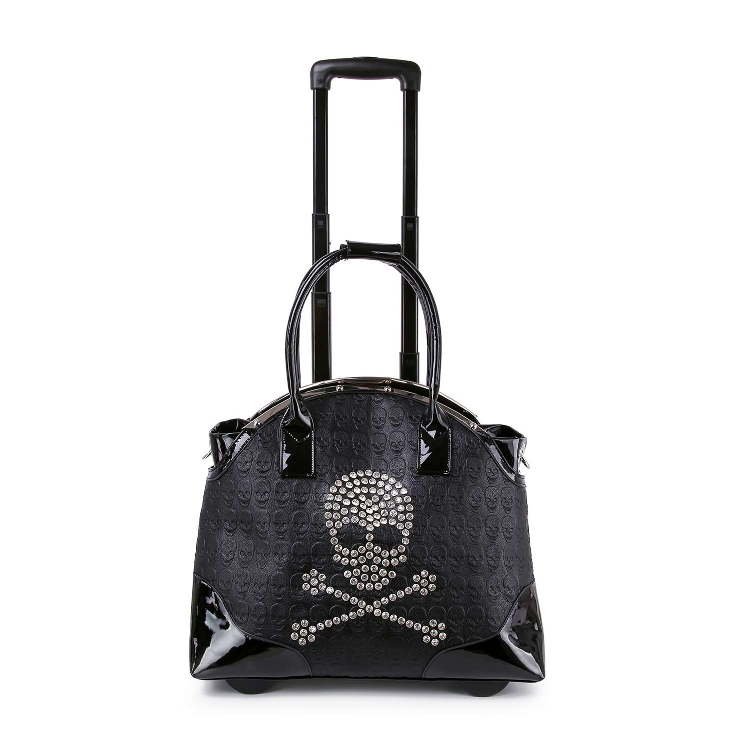 The Skull And Crossbones Wheeled Carry On Luggage is a black rolling bag with shiny handles and a prominent silver stud skull and crossbones on the front, plus laptop compatibility for extra convenience.
