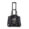 The Skull And Crossbones Wheeled Carry On Luggage is a black rolling bag with shiny handles and a prominent silver stud skull and crossbones on the front, plus laptop compatibility for extra convenience.