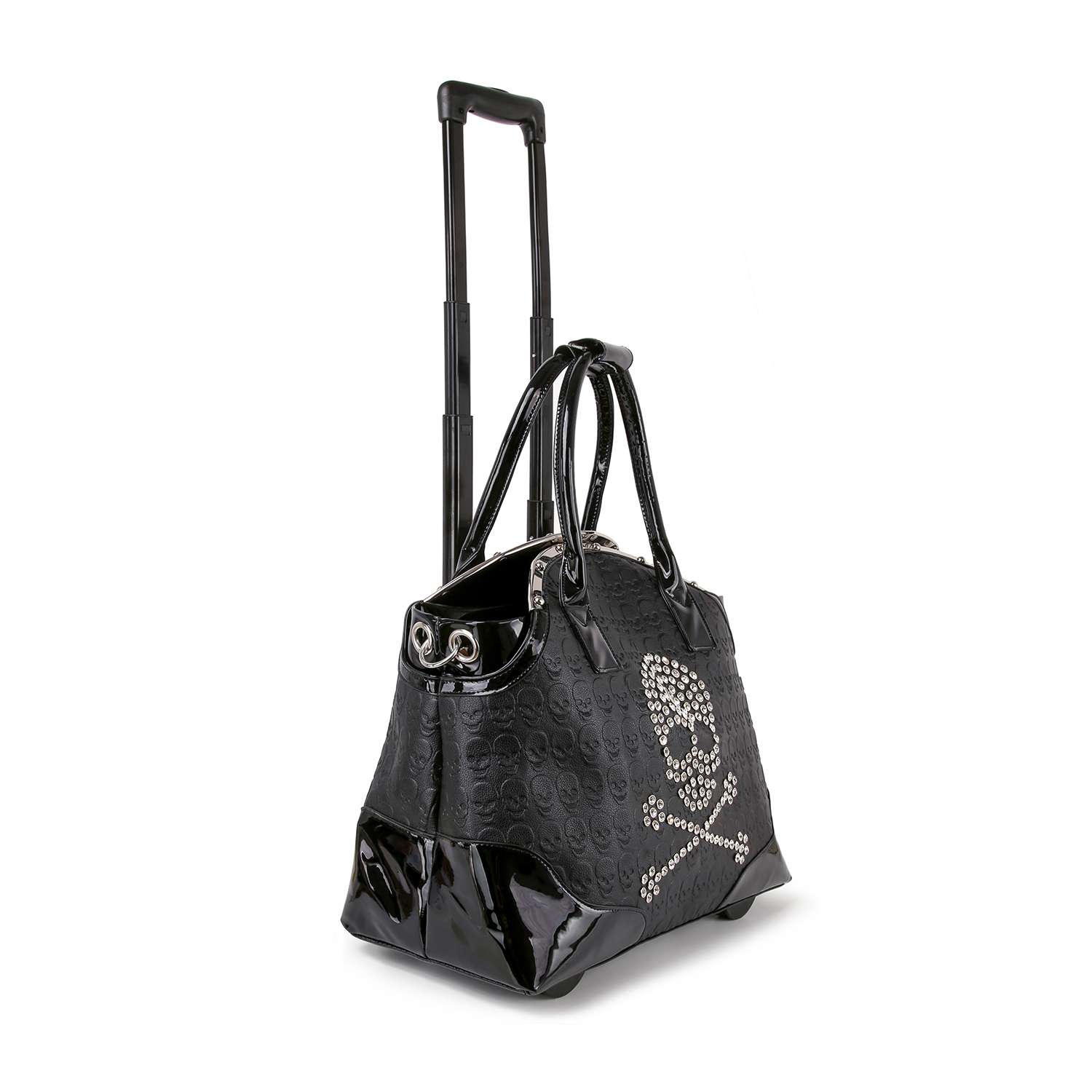The Skull And Crossbones Wheeled Carry On Luggage is a black tote bag with embossed patterns, studded skull and crossbones design on the front, telescoping handle, wheels, and is laptop compatible.