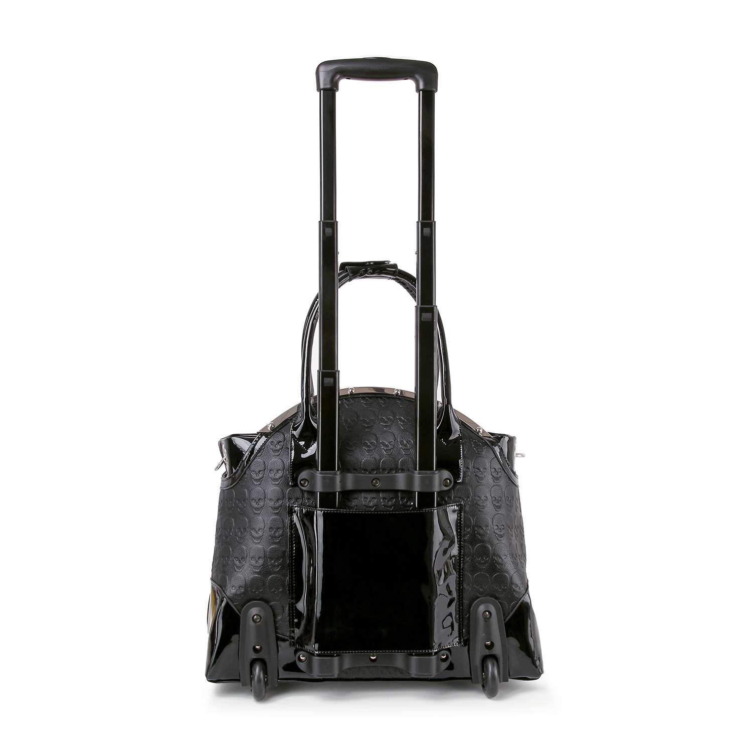 The Skull And Crossbones Wheeled Carry On Luggage is a black, laptop-compatible travel bag with a subtle pattern, extended telescopic handle, sturdy handles, and two wheels—shown from the back for convenient business travel.