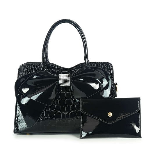 Patent Bow Accented Embossed Hand Tote Set