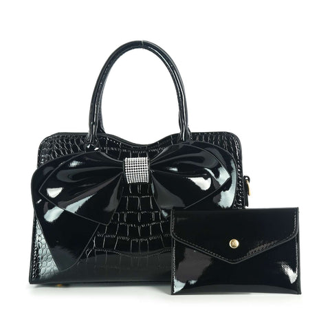 Patent Bow Accented Embossed Hand Tote Set
