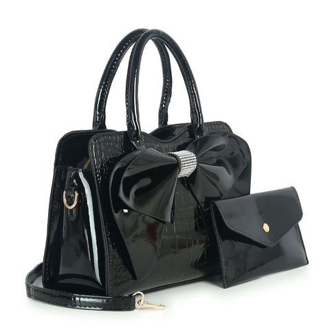 Patent Bow Accented Embossed Hand Tote Set