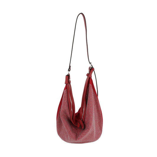 The Dazzling Rhinestone Hobo Handbag is a red faux leather shoulder bag with a slouchy, rounded shape, an adjustable strap, and a front mesh design embellished with sparkling rhinestones.