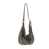 The Dazzling Rhinestone Hobo Handbag is a slouchy taupe faux leather bag with a long adjustable shoulder strap and silver studs on the front, shown against a plain white background.