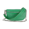 The Stylish Studded Crossbody Bag features green faux leather, a silver zipper, silver studs on the front, a wide studded strap, and an extra silver chain strap.