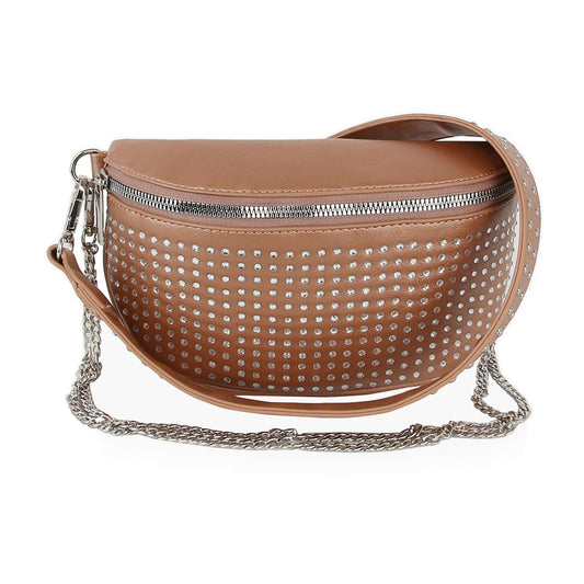 The Stylish Studded Crossbody Bag is a tan faux leather bag with a silver zipper and rows of silver studs on the front. It comes with a matching tan strap plus an extra silver chain strap for versatile styling options.