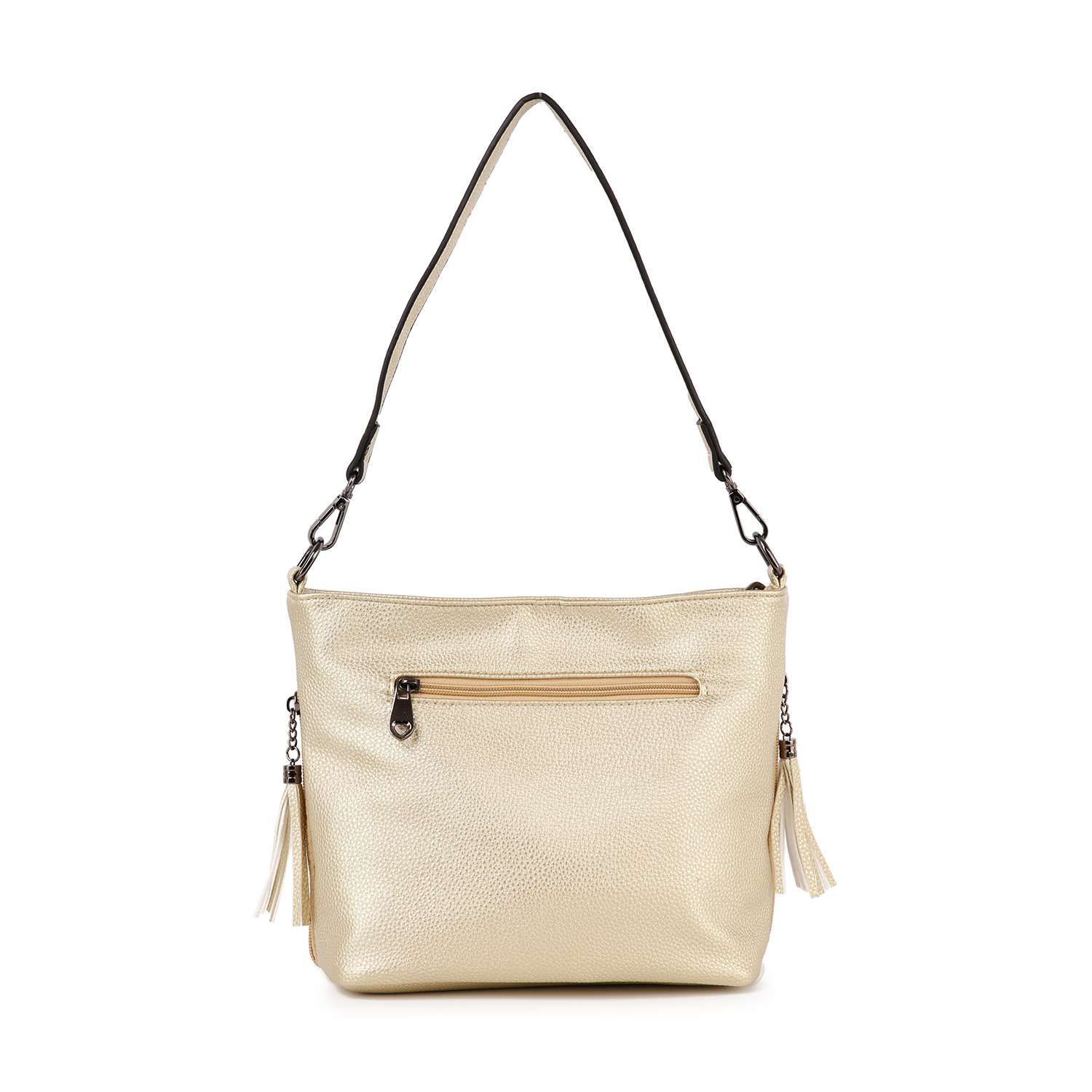 The Decorative Rhinestone Hobo Handbag features beige faux leather, a black shoulder strap, front zippered pocket, and tassel accents on both sides, displayed against a white background.