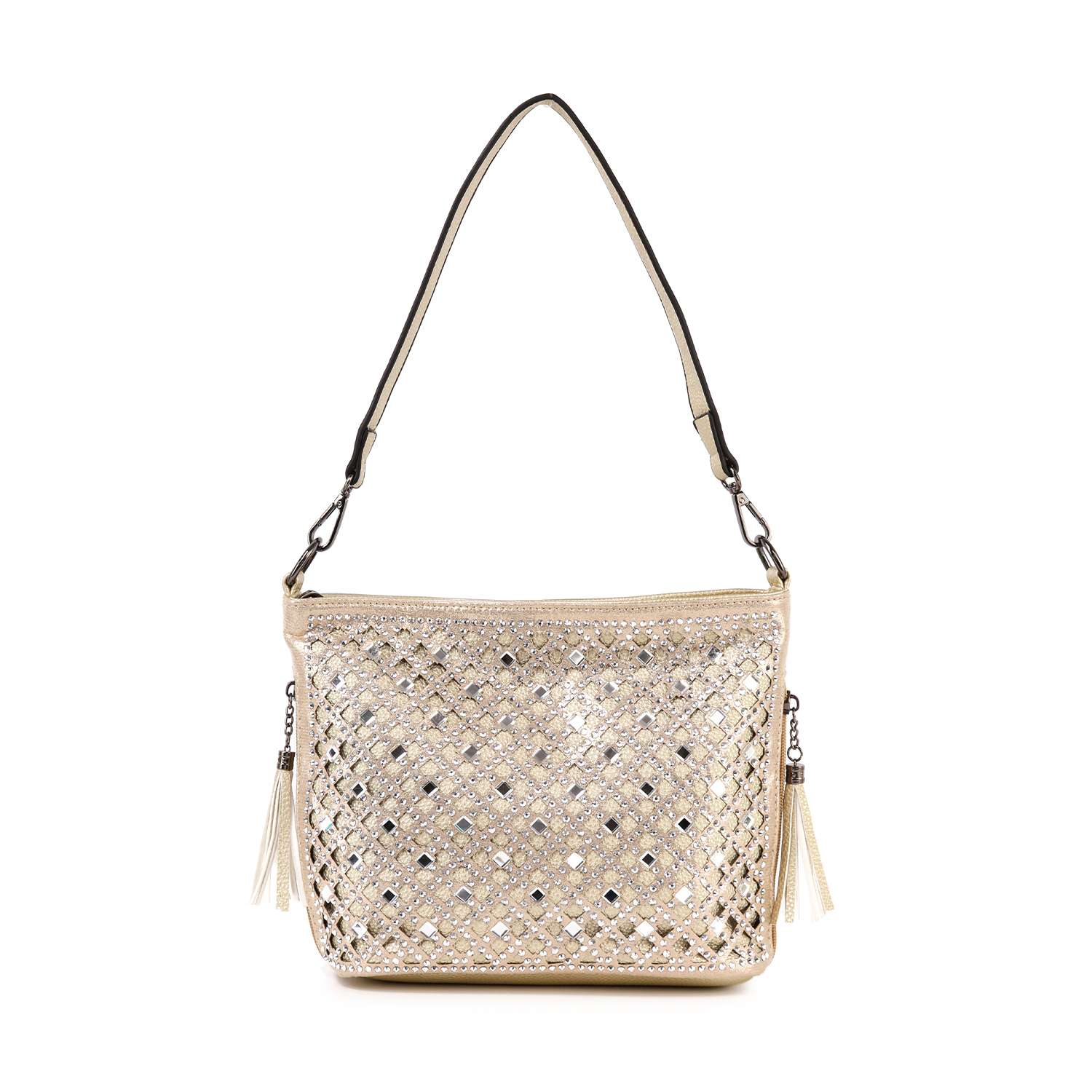The Decorative Rhinestone Hobo Handbag features beige faux leather, a lattice-style cutout with rhinestone accents, two side tassels, a single strap, rectangular shape, and a secure zipper closure.