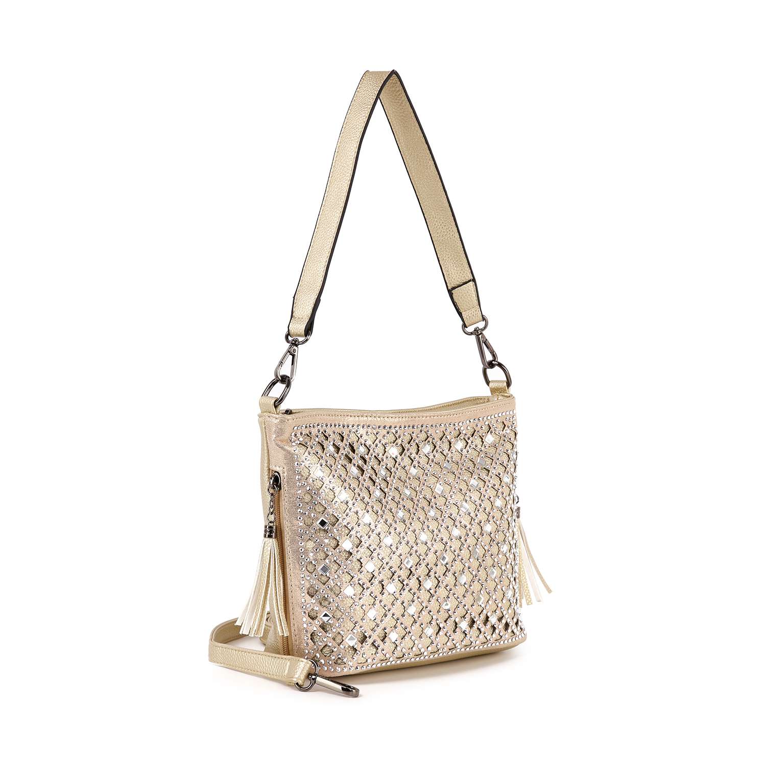 The Decorative Rhinestone Hobo Handbag is a beige faux leather bag featuring a woven diamond-patterned front, silver studs, wide adjustable strap, zipper closures, and side tassel accents.