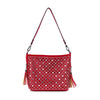 The Decorative Rhinestone Hobo Handbag features red faux leather, a wide strap, silver studs, and a perforated diamond pattern. Tassels on each side add flair to this rectangular bag.