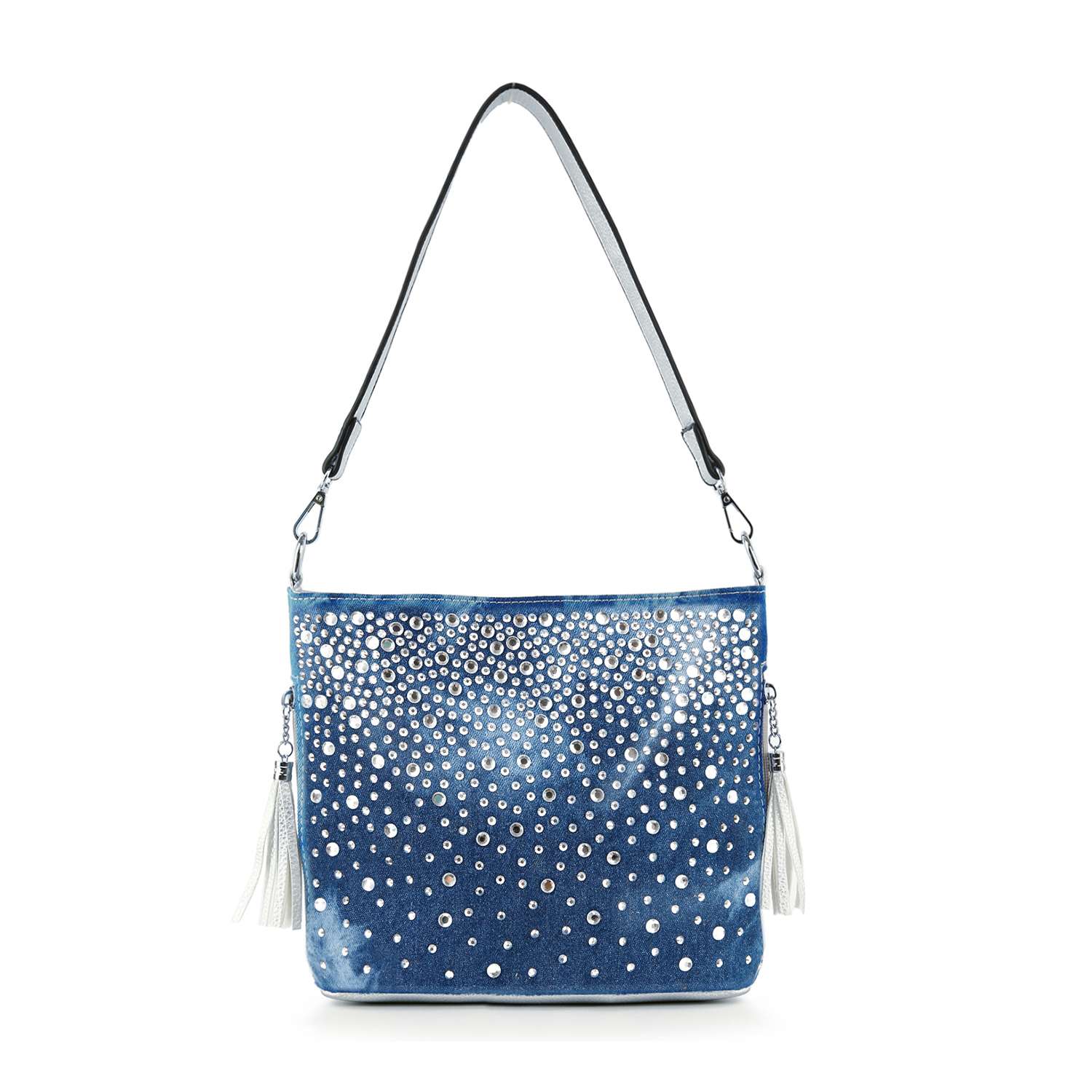 The Glamorous Rhinestone Hobo Crossbody Sling is a blue denim bag with silver studs in a scattered pattern, a long strap, white side tassels, and faux leather accents for extra style.